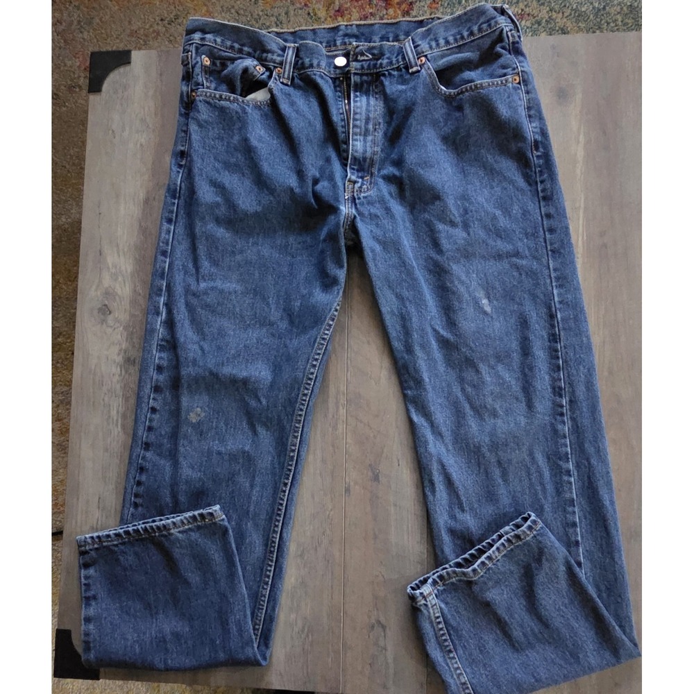 Levi's Men 505 Regular Straight Leg 38X34 Jeans Medium Wash Blue Denim-2 stains